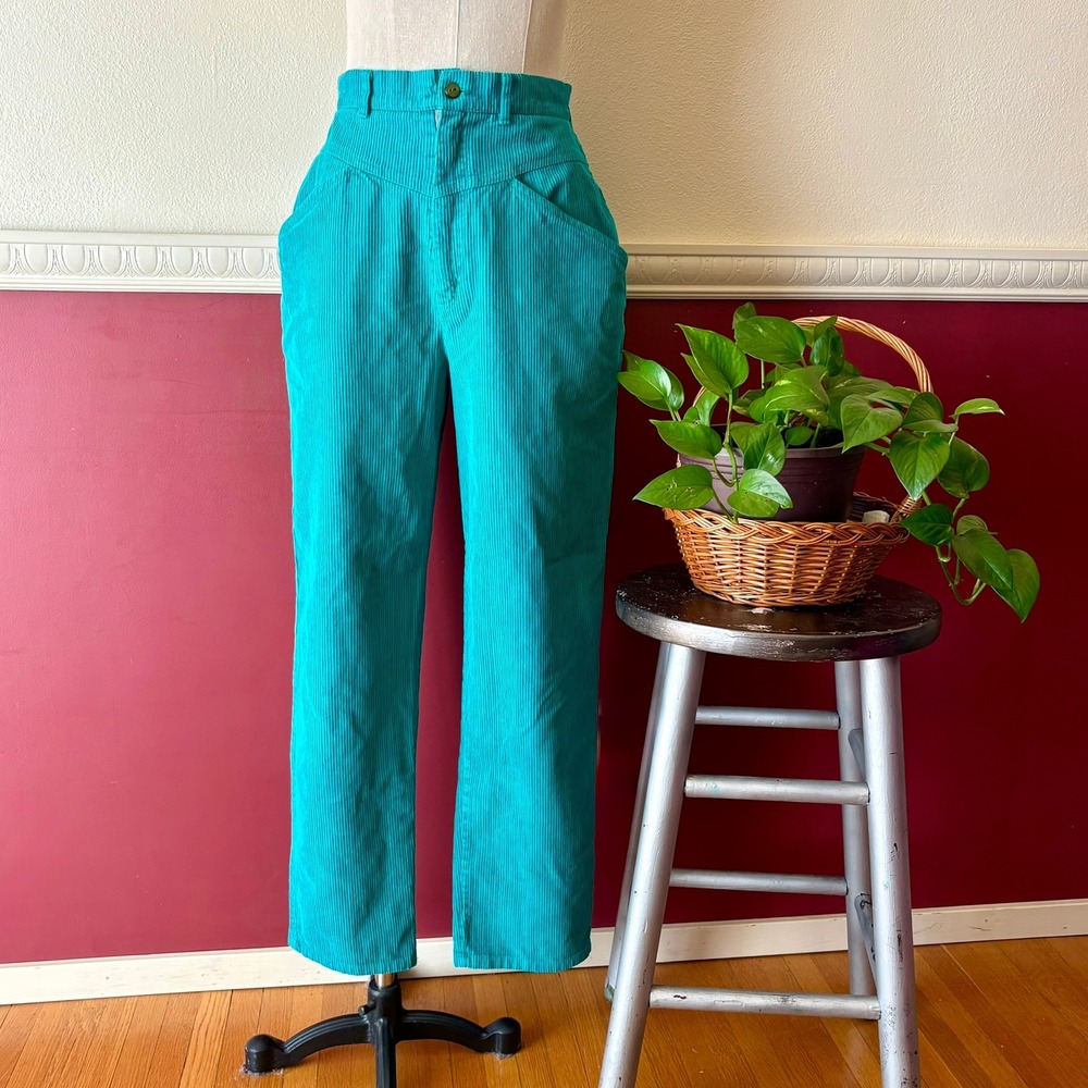 Vintage 80s Boundary Waters Teal Corduroy High Rise Western Yoke Pants 27" Waist